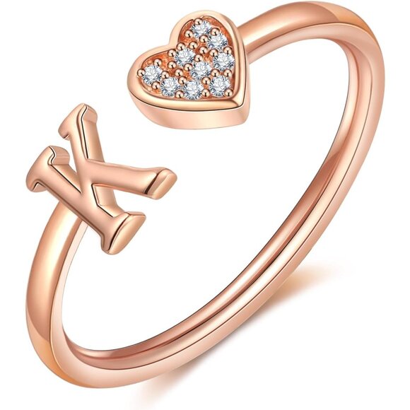 Women's Silver Rose Gold Plated Heart Capital Letter Initial Rings Stackable - Picture 1 of 8